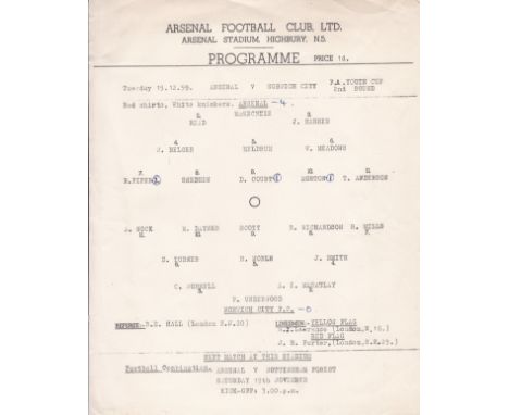 ARSENAL         Official single sheet programme for the home Youth Cup match v. Norwich City 15/12/1959 with annotations.   G