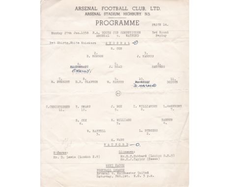 ARSENAL         Official single sheet programme for the home Youth Cup match v. Watford 27/1/1958 folded with annotations.   