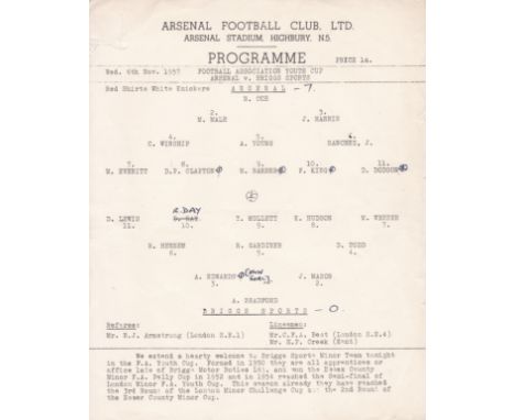 ARSENAL         Official single sheet programme for the home Youth Cup match v. Briggs Sports 6/11/1957 with annotations.   G