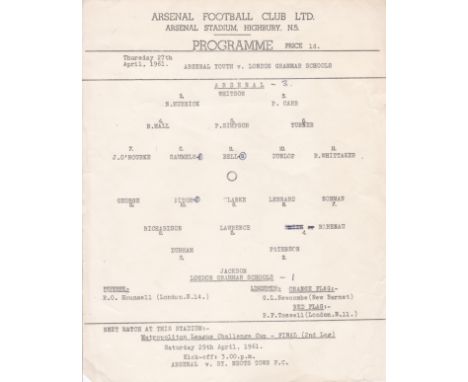 ARSENAL      Official single sheet programme for the home Youth team Friendly v. London Grammar Schools 27/5/1961, very sligh