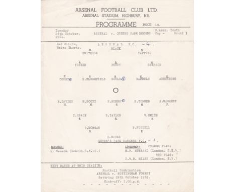 ARSENAL         Official single sheet programme for the home Youth Cup match v. Queen's Park Rangers 24/10/1961 with annotati