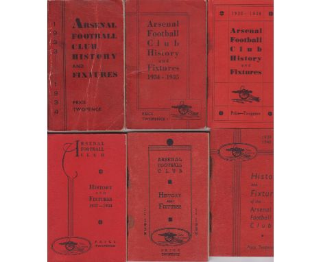 ARSENAL HANDBOOKS  1930s   Collection of six Arsenal handbooks, 1933/34, 34/35,  35/36,   37/8, 38/9 and 39/40.  Some annotat