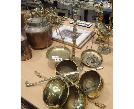 Three sets of brass balance scales. Not available for in-house P&amp;P, contact Paul O'Hea at Mailboxes on 01925 659133 