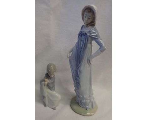 Lladro boy, H: 12 cm (lacking cane) and a Nao girl, H: 30 cm (lacking finger). P&amp;P Group 3 (£25+VAT for the first lot and
