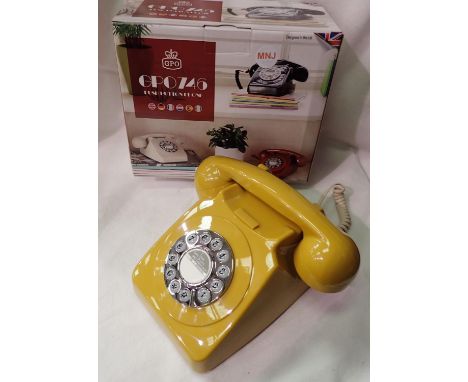 Mustard 1960/1970s style push button telephone, compatible with modern telephone banking and any standard analogue landline, 