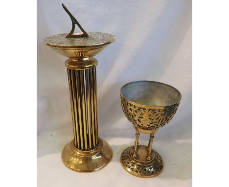 Brass sundial, H: 35 cm, and a brass chalice. Not available for in-house P&amp;P, contact Paul O'Hea at Mailboxes on 01925 65