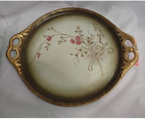 Large Victorian ceramic twin handled tray with gilt and floral design, D: 45 cm. P&amp;P Group 3 (£25+VAT for the first lot a