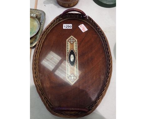 Large antique oval polished mahogany tray with inlaid fruitwood and mother of pearl design and wicker edging, L: 45 cm. P&amp