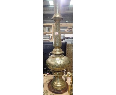 Large brass lamp in the Turkish style, H: 35 cm. All electrical items in this lot have been PAT tested for safety and have pa