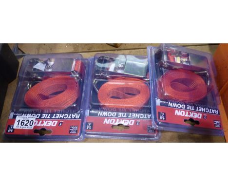 Three new and unused Dekton ratchet tie downs, 4.5 metre long, 1 inch wide, maximum load 350kg. P&amp;P Group 1 (£14+VAT for 