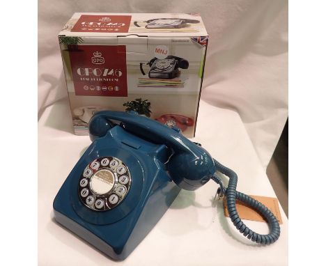 Azure blue 1960/1970s style push button telephone, compatible with modern telephone banking and any standard analogue landlin