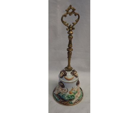 Capodimonte relief Cupid ceramic bell with metal handle, H: 28 cm. Not available for in-house P&amp;P, contact Paul O'Hea at 