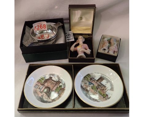 Three ceramic pin cushion figurines, a Scottish pewter quaich and two Royal Worcester Pin dishes. Not available for in-house 