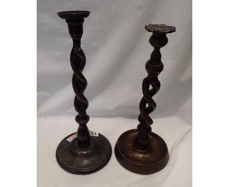 Two oak twist candlestick, tallest H: 38 cm. Not available for in-house P&amp;P, contact Paul O'Hea at Mailboxes on 01925 659