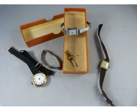 A Hallmarked gold ladies wristwatch A/F, two vintage watches and a Silver watch strap