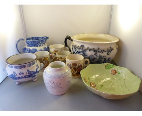 A quantity of Victorian china, commemorative ware, washbowl, oriental bowl etc - 1 shelf