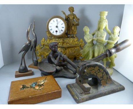 A Gilt mantle clock A/F, Embossing paper stamp and aboriginal figure etc