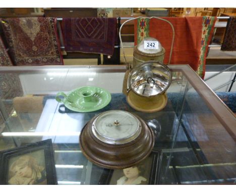 A carriage lamp, oak barometer and enamelled candle holder