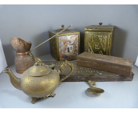 Two brass tea caddys, Cribbage board etc