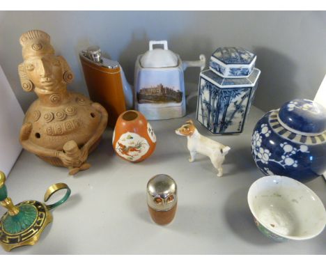 A quantity of china to include modern Oriental, Beswick dog, hips flask etc