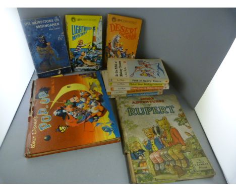 A collection of vintage books including Rupert, Sindy books, Enid Blyton, Walt Disney's Pop Up Book and one other.