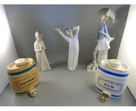 A Lladro figure of 'Yawning Boy', two similar figures (Nao and Zaphin) and two Wade Sherry and Gin Casks etc