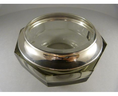 Art Deco Saunders & Shepherd 8 sided jar in a thick Smokey glass with a sterling silver and clear bevelled edge glass lid ful