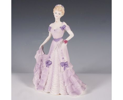 This Coalport figurine, titled Age of Elegance First Waltz, features a graceful lady in a lavender gown with intricate purple