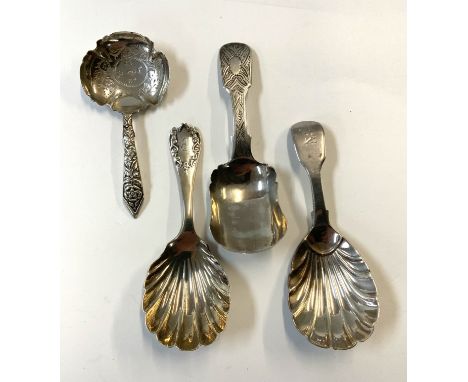 3 hallmarked silver caddy spoons to include a George Unite example. (B)