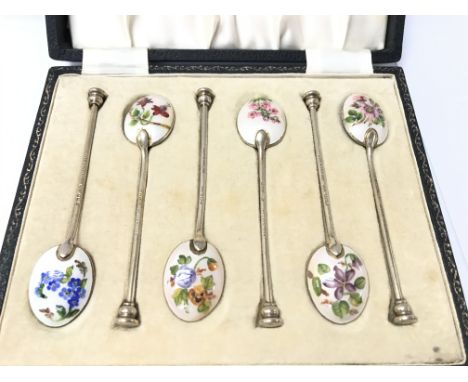 A cased set of silver and enamel coffee spoons. Birmingham hallmark 1979.