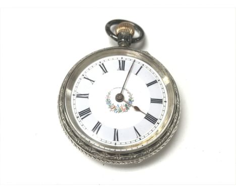 A silver pocket watch with an enamel face. Winds and runs. Approx 38mm.