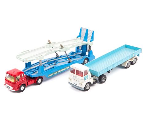 A Corgi Toys Bedford Carrimore Car Transporter (1105). An example with red cab, blue and green transporter body and spun whee