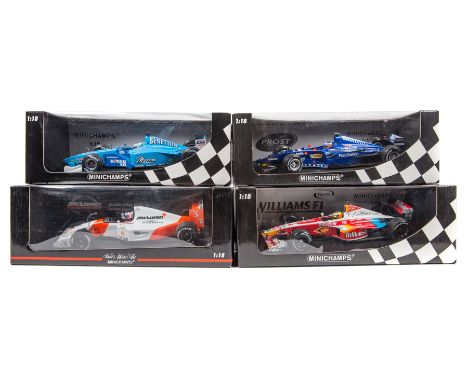 4 Minichamps 1:18 F1 racing cars. Benetton Renault Sport Showcar 2001 RN7 G. Fisichella 1/900. Prost Peugeot AP02 1999 RN18 O
