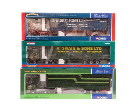 3 Corgi Trucks. Volvo F88 Tautliner, Andrew Wishart & Sons Ltd CC13109. Scania Topline Livestock Transporter, Henry Thomson &