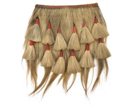 A most interesting “double sporran” apron, goats hair with 12 tassels in scarlet cloth sockets, thick leather backing with WD