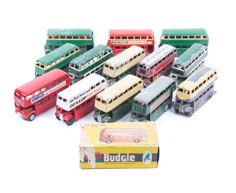 12x Dinky Toys double decker buses for restoration. 9x first type post war examples with AEC/STL grilles and cut-away wings. 