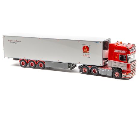 A limited issue Dutch Tekno Scania R500 forward control 8 wheel tractor unit and 6 wheel refer trailer. In white, light grey 