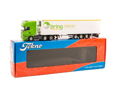 A recent issue Dutch Tekno Scania R620 V8 forward control 8 wheeled tractor unit and 6 wheeled refer trailer. Sleeper cab wit
