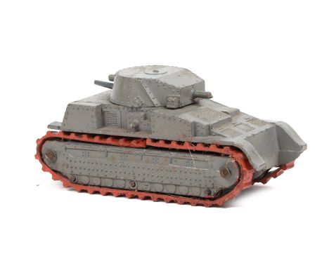 An early Dinky Toys tank. An example in light grey with red rubber tracks. Complete. GC-VGC tracks have perished but are pres