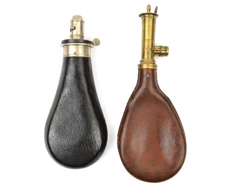 A leather covered powder flask, sprung WM top marked “Improved Fireproof” and “Patent”, graduated nozzle 2¼ to 3 drams, marke