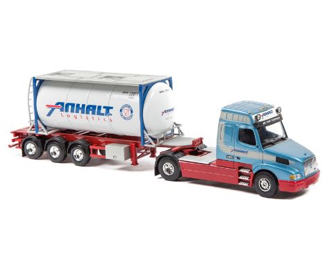 A limited issue Dutch Tekno Volvo 420 T cab style 6 wheel tractor unit and 6 wheeled skeletal trailer with pressurised tanker