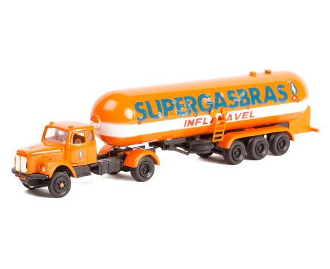 A rarely seen Brazilian produced by Arpra Scania normal control 18 wheeled gas tanker. A Tekno style model with raised 4 whee