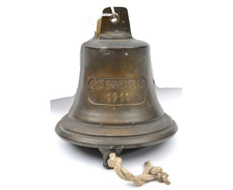 A small ship’s bell,  integral cast name panel “M.S. Bremen, 1911” with clapper and cord, diam 5¼”; with photostat details. G