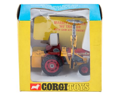 A Corgi Toys Massey-Ferguson 165 tractor with saw attachment (73). Example in red and light grey, with yellow arm attachments