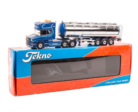 A recent issue Dutch Tekno Scania T580 V8 normal control 10 wheeled tractor unit and 6 wheeled tanker trailer. Sleeper cab wi