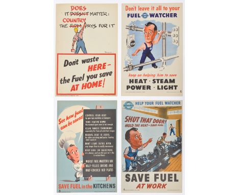 4 WWII A3 fuel economy posters: “Save Fuel at Work”, machine operator calling to colleague who has left the workshop door ope