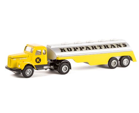 A rare Danish Tekno Scania 110 normal control articulated petrol tanker in Koppartrans livery. Finished in yellow and metalli