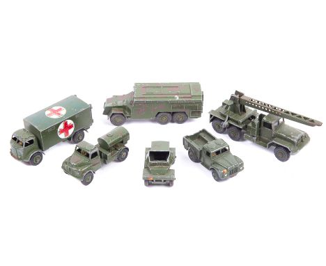 A small quantity of military Dinky Toys most for restoration. A scarce US export Daimler Military Ambulance (624). A Thornycr