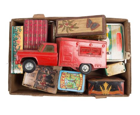 A collection of money boxes. Tinplate include – Micky’s Musical Money Box’, Telephone box, London Transport double deck bus, 