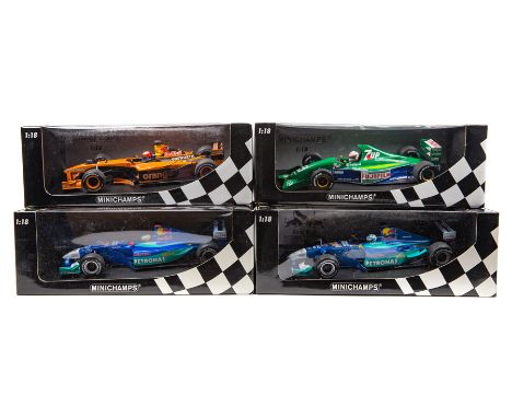 4 Minichamps 1:18 F1 racing cars. Red Bull Sauber Petronas C21 RN7 H. Heidfeld. Jordan Ford EJ191 7Up RN33 A. de Cesaris. Red